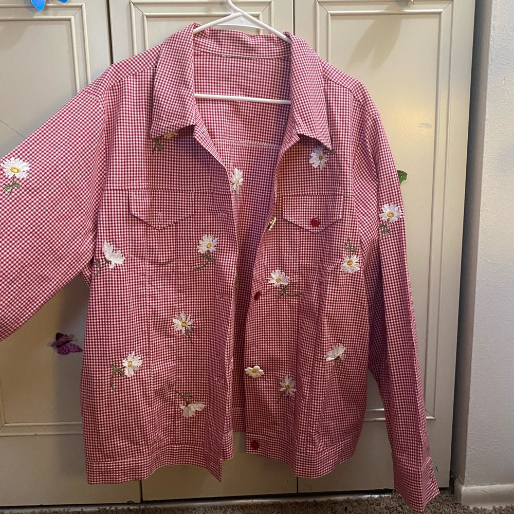 Red gingham button up with floral embroidery
